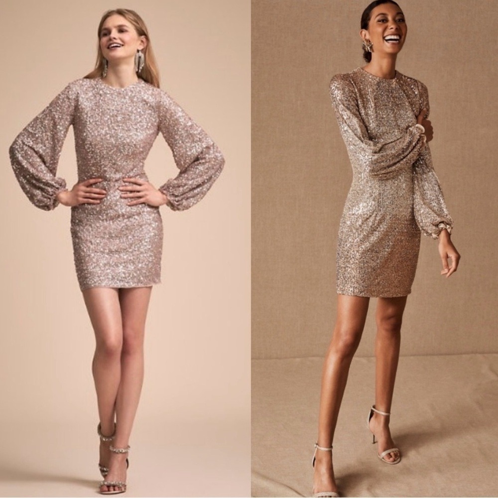 Anthro Bhldn Carys Sequin Mini Dress Size 4 Nwt Gold Long Sleeve Cocktail Party